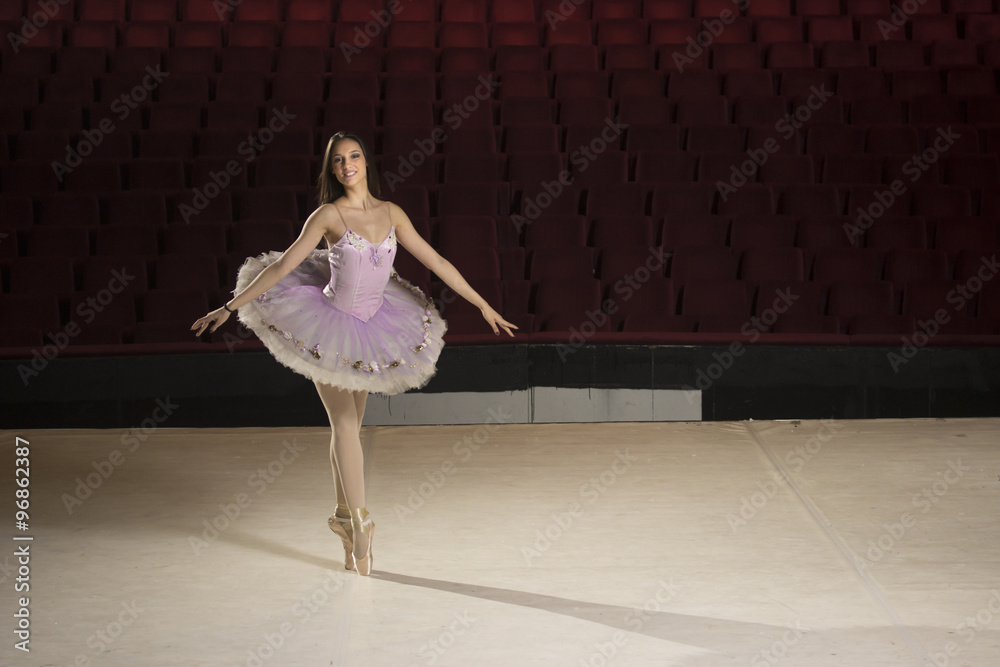 Obraz premium Young ballerina in theater posing, in costume, dancing