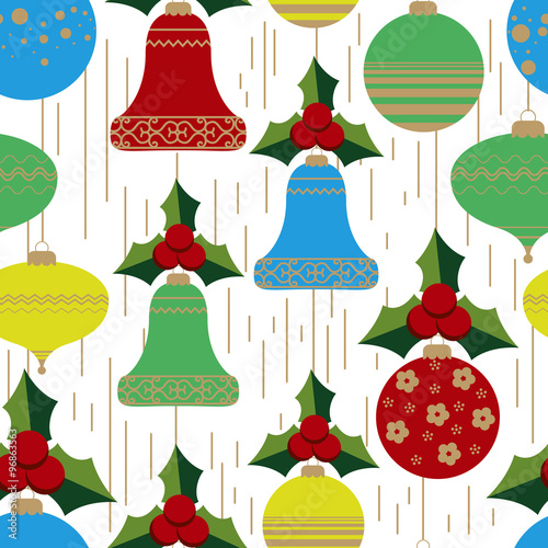 Seamless pattern of Christmas balls and bells with Holly