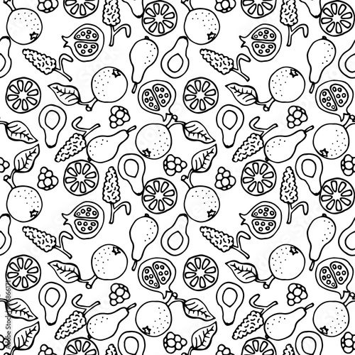 Fruit doodle hand drawn seamless vector pattern. Ink pen sketched food black and white coloring background.