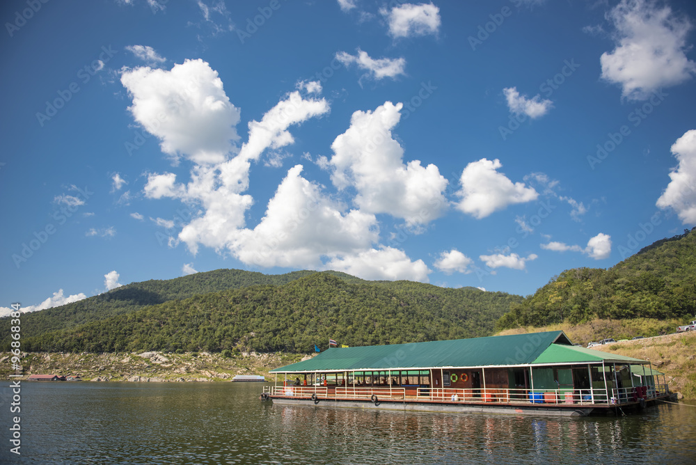 Floating house in the lake Bhumibol Dam Tak ,Thailand.