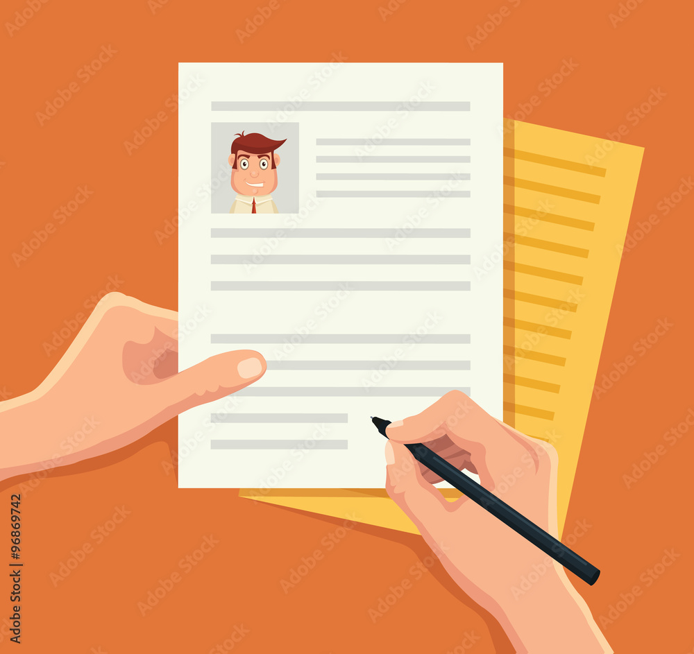 Hand with pen signs documents. Vector flat illustration Hand with pen signs documents. Vector flat illustration