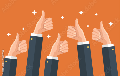 Many thumbs up. Social network likes, approval, feedback concept. Vector flat illustration