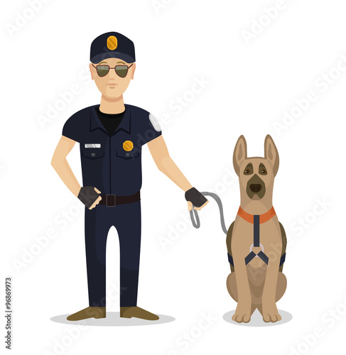 Policeman with dog. Vector flat illustration