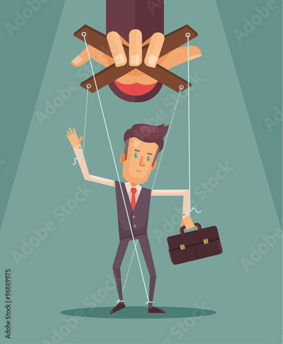 Worker marionette on ropes controlled boss hand. Vector flat illustration