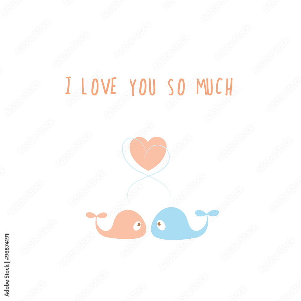 Fototapeta premium Vector card by Valentine's Day with couple of whales in love.