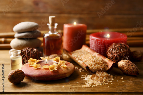 Colourful decorated relax set on wooden background