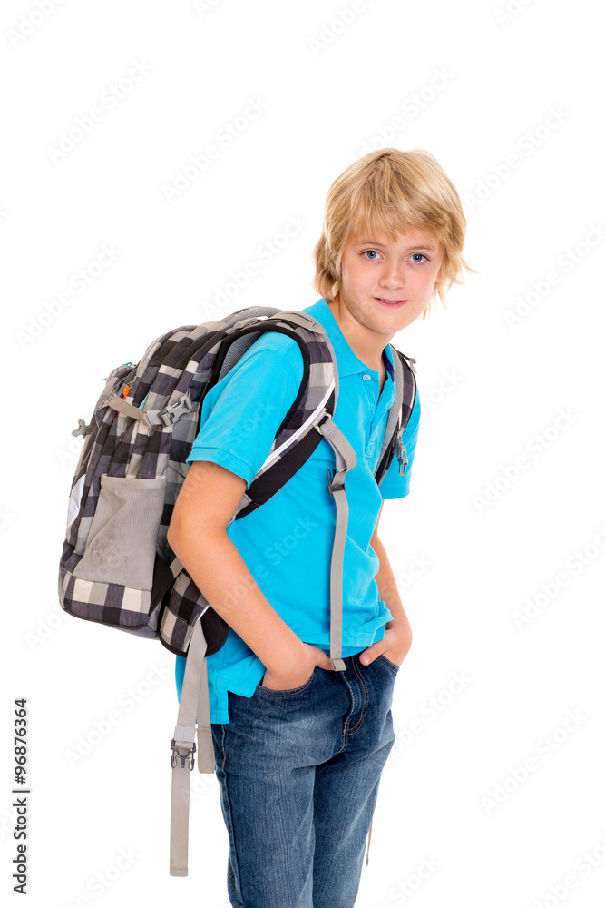 boy with satchel in front of white background boy with satchel in front of white background