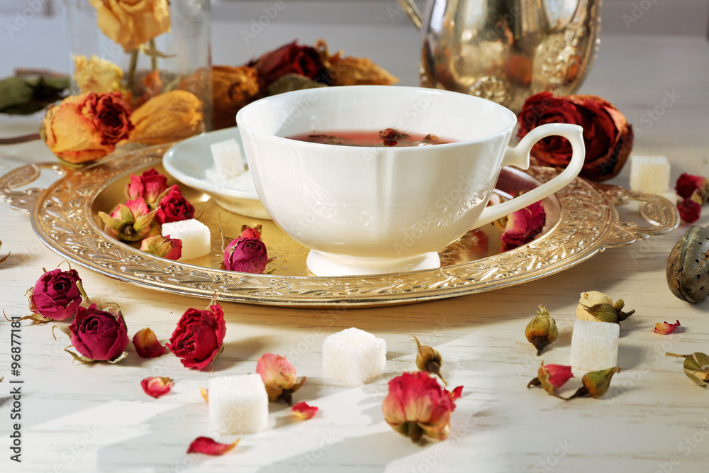 Fototapeta premium Hot rose tea on metal tray