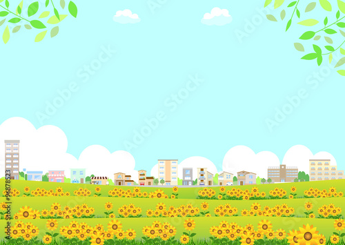 ひまわり畑と街並み