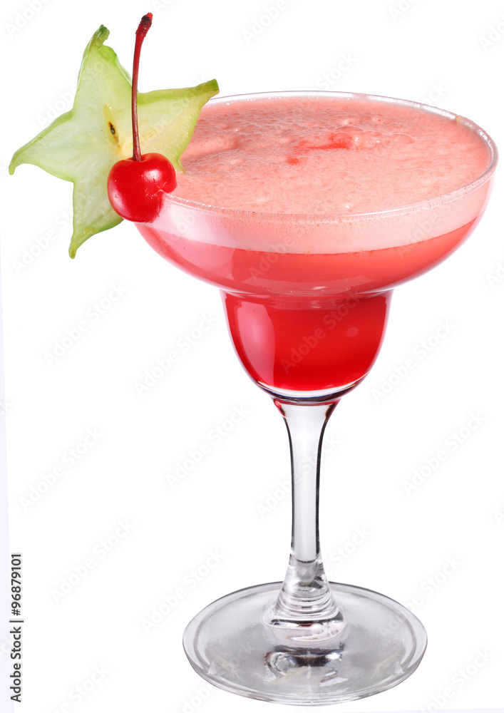 Cosmopolitan cocktail decorated with starfruit and cherry.