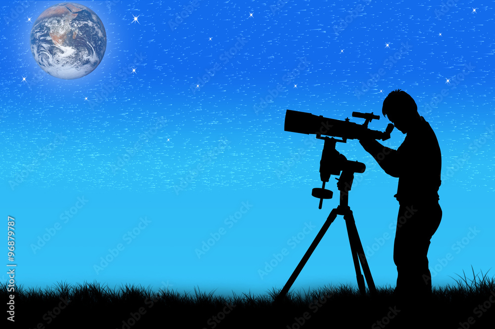 silhouette of young man looking through a telescope at night ,naza