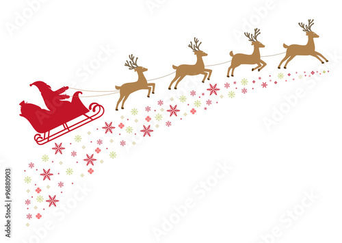 Santa on a sleigh with reindeer in harness flies along snowy sta