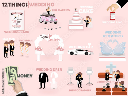 beautiful graphic design 12 things of wedding : wedding card invitation,cake,ring,best man and bridesmaid,wedding car decoration,wedding sculpture,money,wedding dress,photographer and ceremony