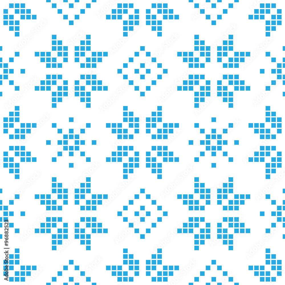 Pixel snowflake, stars and rhombus seamless pattern