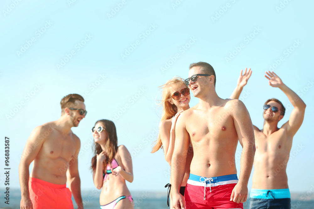 Happy couple and their playful friends relaxing at the beach, outdoors Happy couple and their playful friends relaxing at the beach, outdoors
