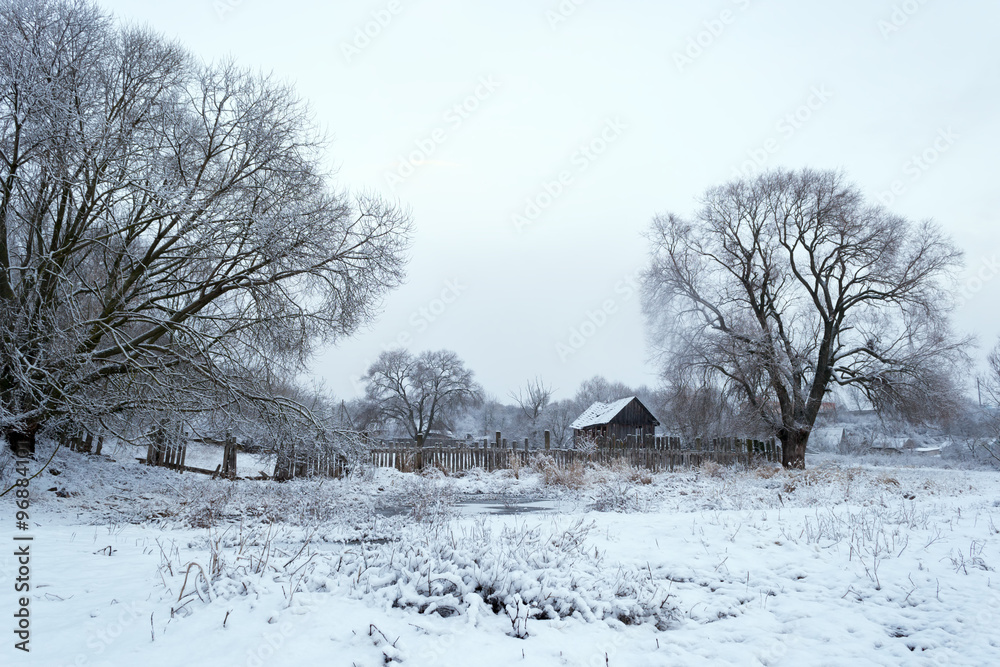 Winter landscape. The first snow in the village