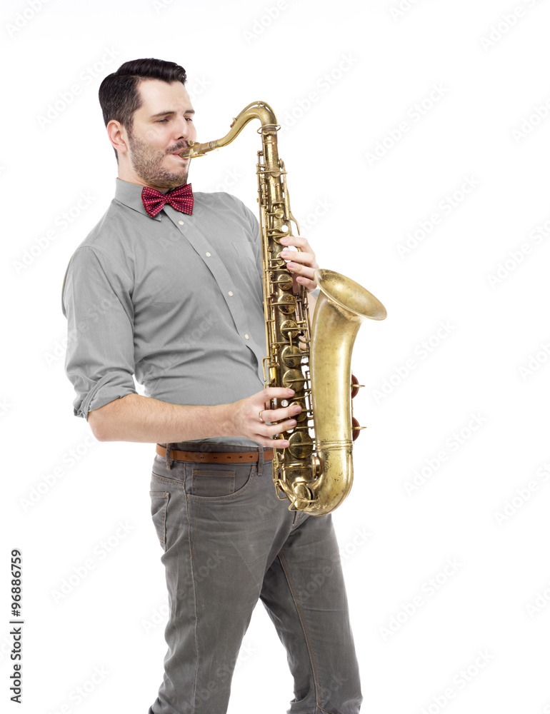 Fototapeta premium man in yellow t-shirt saxophonist playing. saxophone player in s
