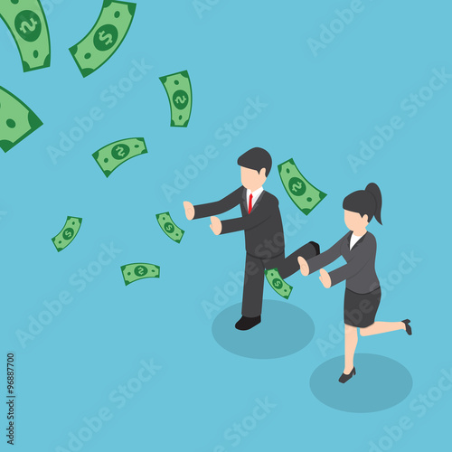 Isometric businessman and businesswoman chasing falling dollar m © Jiw Ingka