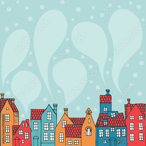 Winter background with hand-painted houses and smoke as a speech bubble.