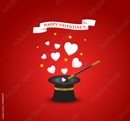 Happy Valentines postcard with hearts coming out of the hat magi
