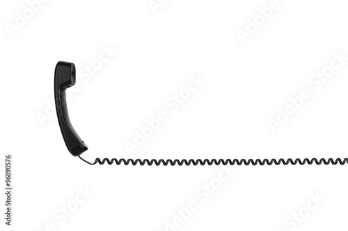 The black handset with a twisted wire, stretched horizontally