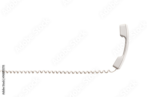 The black handset with a twisted wire, stretched horizontally