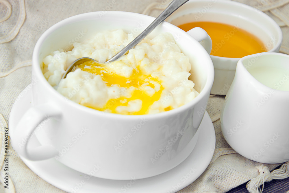 Rice Porridge with Sweet Butter, Jam and Coffee Rice Porridge with Sweet Butter, Jam and Coffee