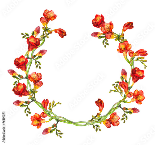 Floral circle garland wreath with vivid watercolor painted red freesia flowers 