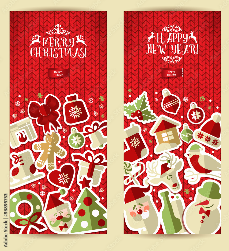 Naklejka premium Christmas banner set on red knitting texture.