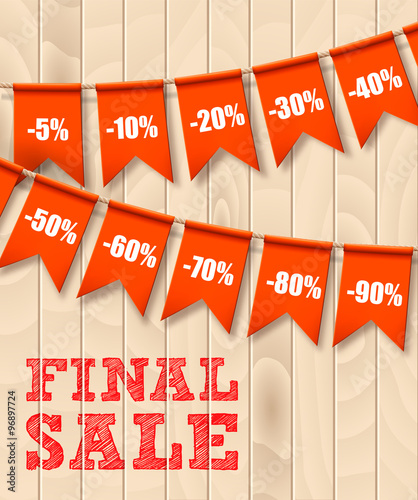 Vector realistic banner with red party flags on light wooden background. Includes different kind of discounts and SALE phrase. 