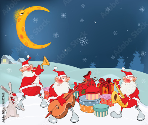 Illustration of Cute Santa Claus Music Band and Christmas Gifts