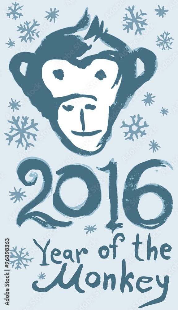 Hand Drawn Monkey head and snowflakes. 2016 New Year Chinese zodiac sign.