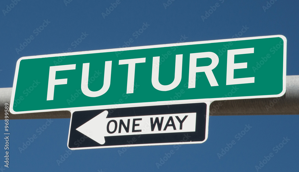 Future printed on green overhead highway sign with one way arrow 
