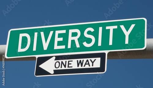 Diversity printed on green overhead highway sign with one way arrow  © Rex Wholster
