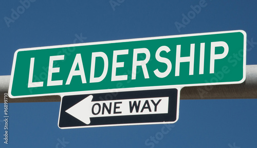 Leadership printed on green overhead highway sign with one way arrow  © Rex Wholster