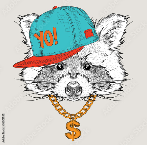 The poster with the image raccoon portrait in hip-hop hat. Vector illustration.