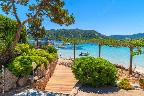 Coastal promenade along Santa Giulia beach, Corsica island, France