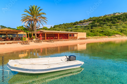 Dinghy boat on Santa Manza beach  Corsica island  France