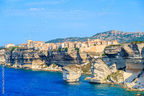 A view of Bonifacio old town built on high cliff above the sea, Corsica island, France