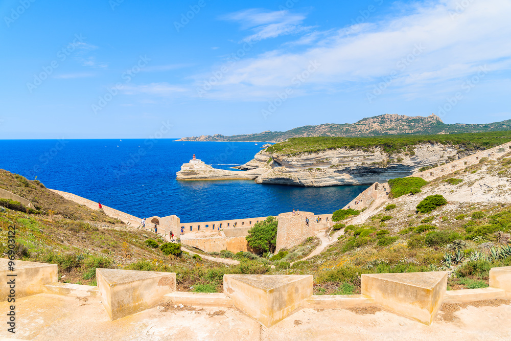 View of sea from fortress walls of Bonifacio town, Corsica island, France