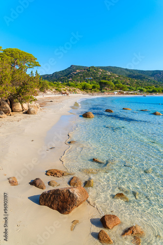 Fotografi Sandy beautiful Palombaggia beach with azure sea water, Corsica island, France