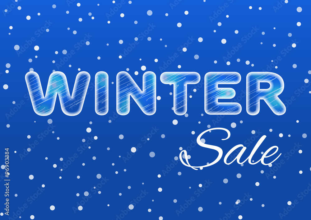 Fototapeta premium Winter sale ice text on a blue background with a falling snow. 