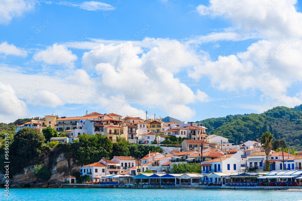 A view of Kokkari village with colorful houses on coast of Samos island, Greece