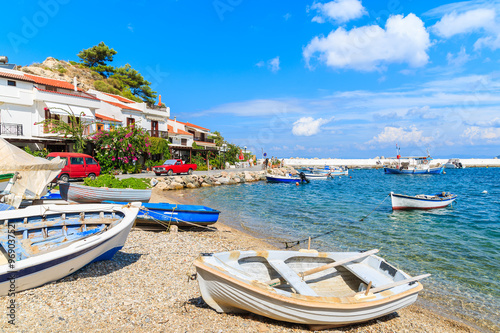 Fishing boats on beach in Kokkari village, Samos island, Greece