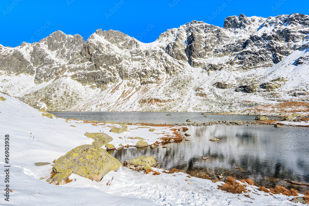 View of lake in Hincova valley covered with snow, Tatra Mountains, Slovakia