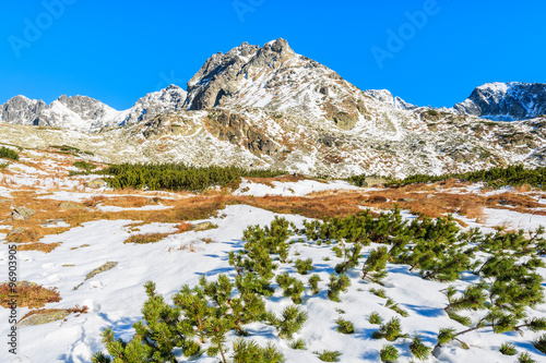 View of mountains covered with snow in autumn landscape of Hincova valley, Tatra Mountains, Slovakia