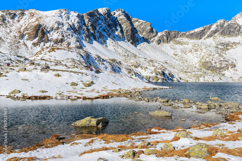 View of lake in Hincova valley covered with snow, Tatra Mountains, Slovakia