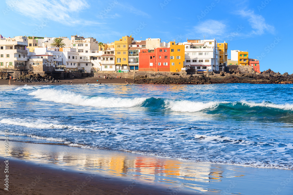 View of colourful houses of Punta Brava from beach in Puerto de la Cruz, Tenerife, Canary Islands, Spain