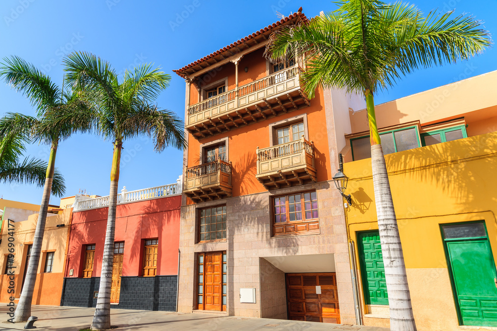 Colourful houses and palm trees on street in Puerto de la Cruz town, Tenerife, Canary Islands, Spain