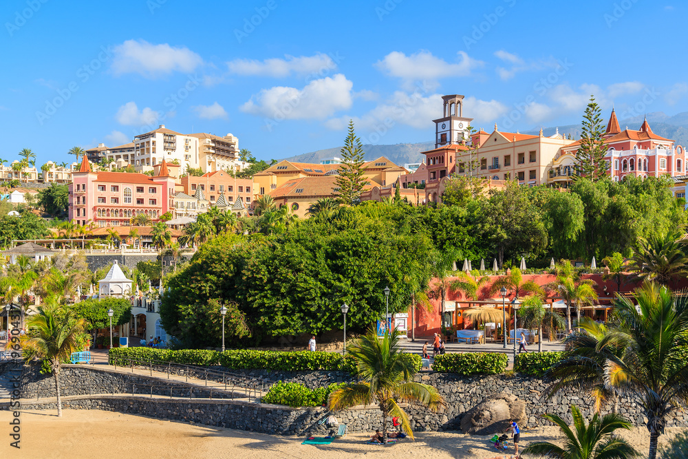 A view of luxury hotels on El Duque beach on southern coast of Tenerife, Canary Islands, Spain